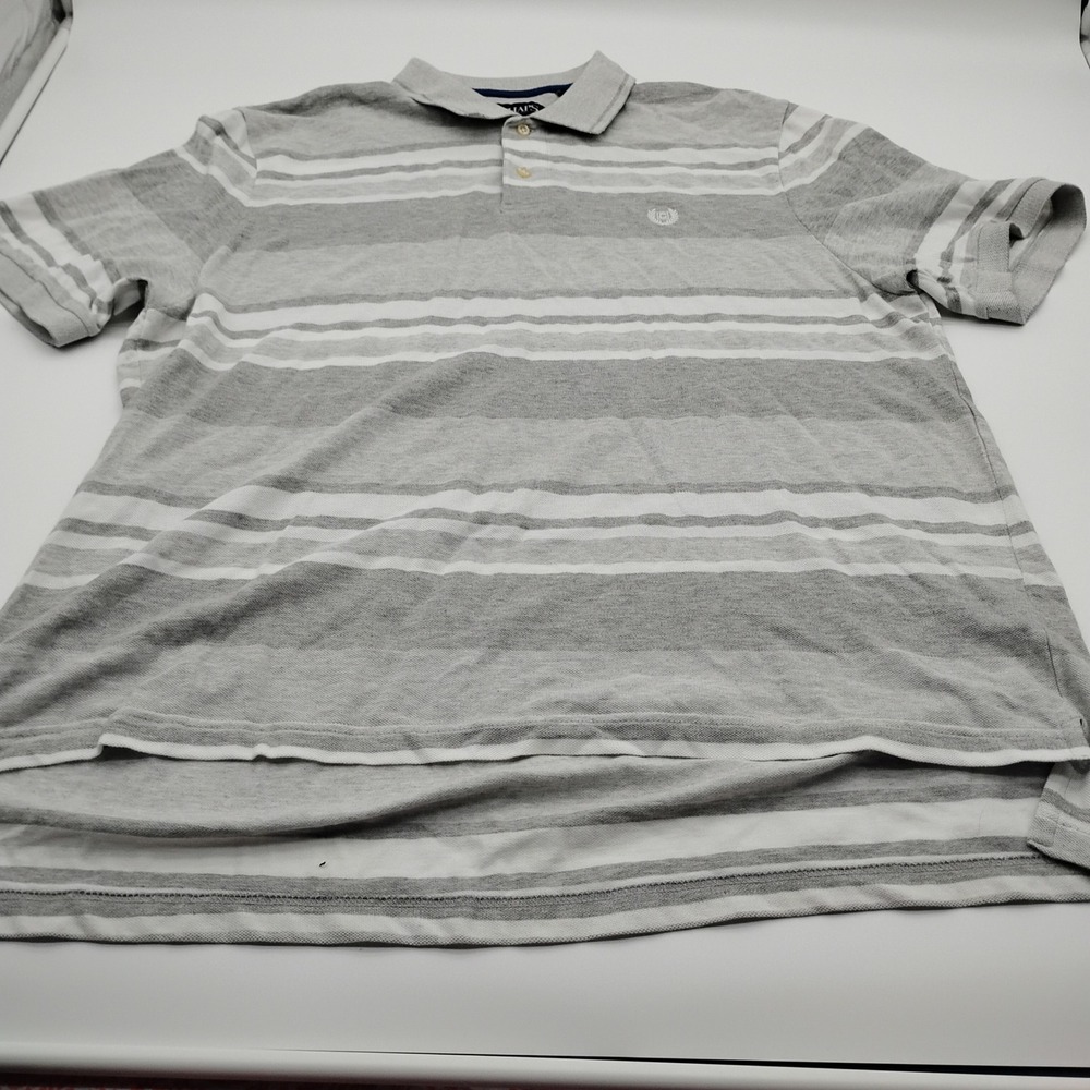 Chaps Mens Grey White Striped Short Sleeve Pique Polo Shirt Embroidered Logo XL
